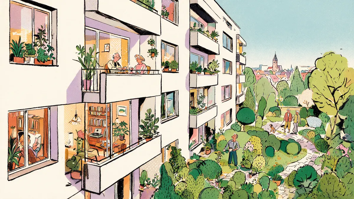 Illustration eines Wohnhauses im Schnitt: Menschen verschiedenen Alters auf dem Balkon, beim Lesen, im Garten und auf dem Weg, im Hintergrund eine Stadt mit Kirchturm.